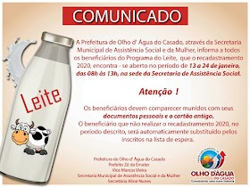Prefeitura de Olho d’Água do Casado informa datas do recadastramento do leite 2020
