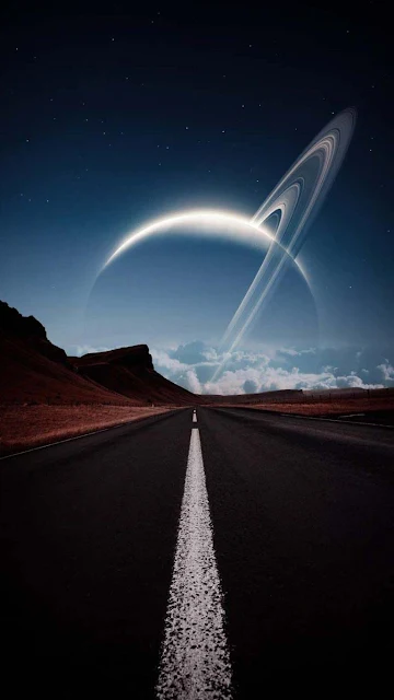 Road, Planet, Ring, Night, Cloud, Landscape, iPhone Wallpaper