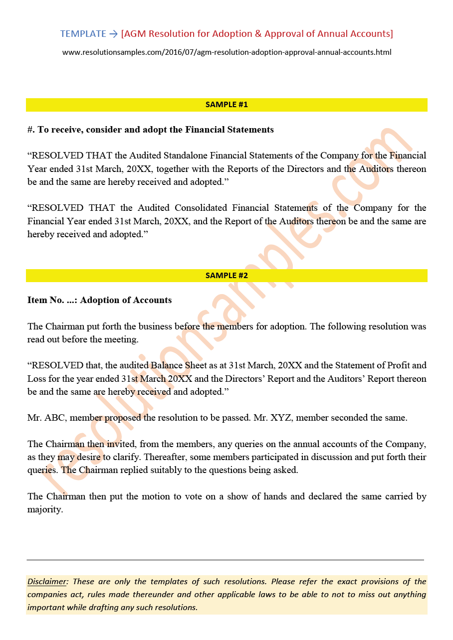 Draft AGM Resolution for Adoption/ Approval of Annual Accounts