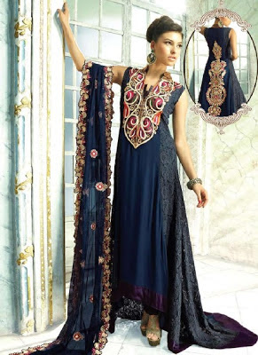 Dark Blue Pakistan Dress With Intricate Thread Embroidery 