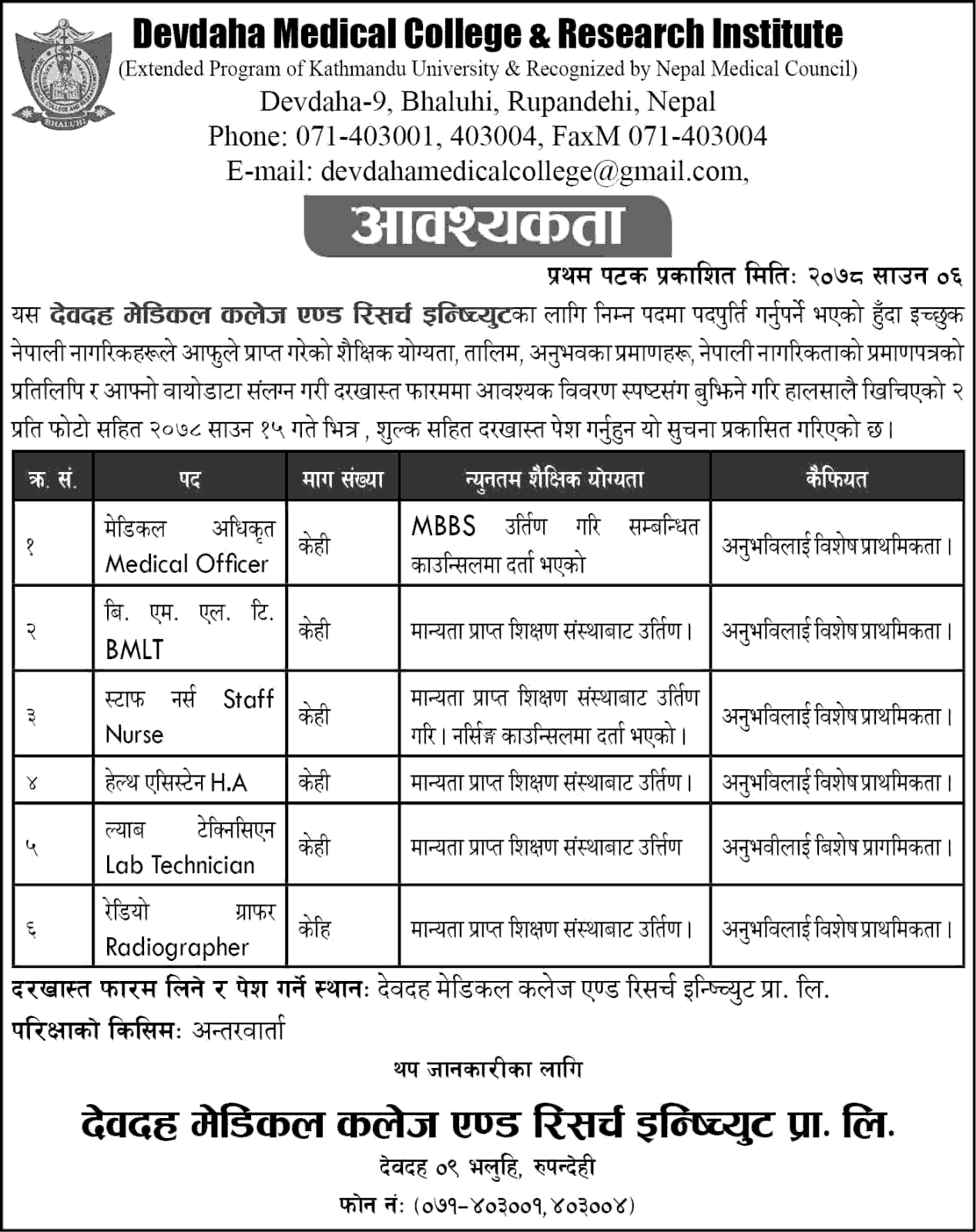 Devadaha Medical College and Research Institute Vacancy Announcement