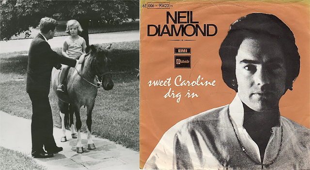 A 1960s-era photo of President John F. Kennedy with his daughter Caroline on her pony, Macaroni, and the original LP album cover for “Sweet Caroline,” which bore a photo of a very young Neil Diamond.