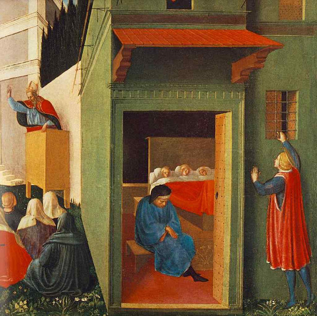 São Nicolau joga pela janela a dote para as moças nobres pobres, Fra Angelico (1395 –1455), Pinacoteca Vaticana