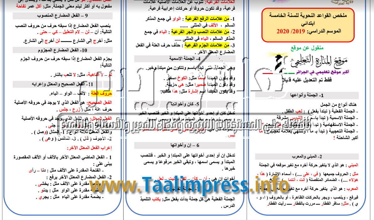 ملخص شامل للقواعد النحوية للمستوى الخامس والسادس ابتدائي