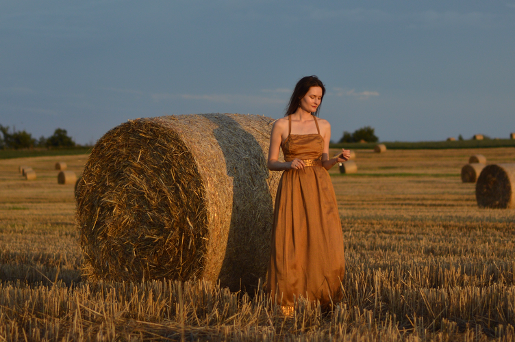 hay bales in golden hour - handmade gold dress - Georgiana Quaint