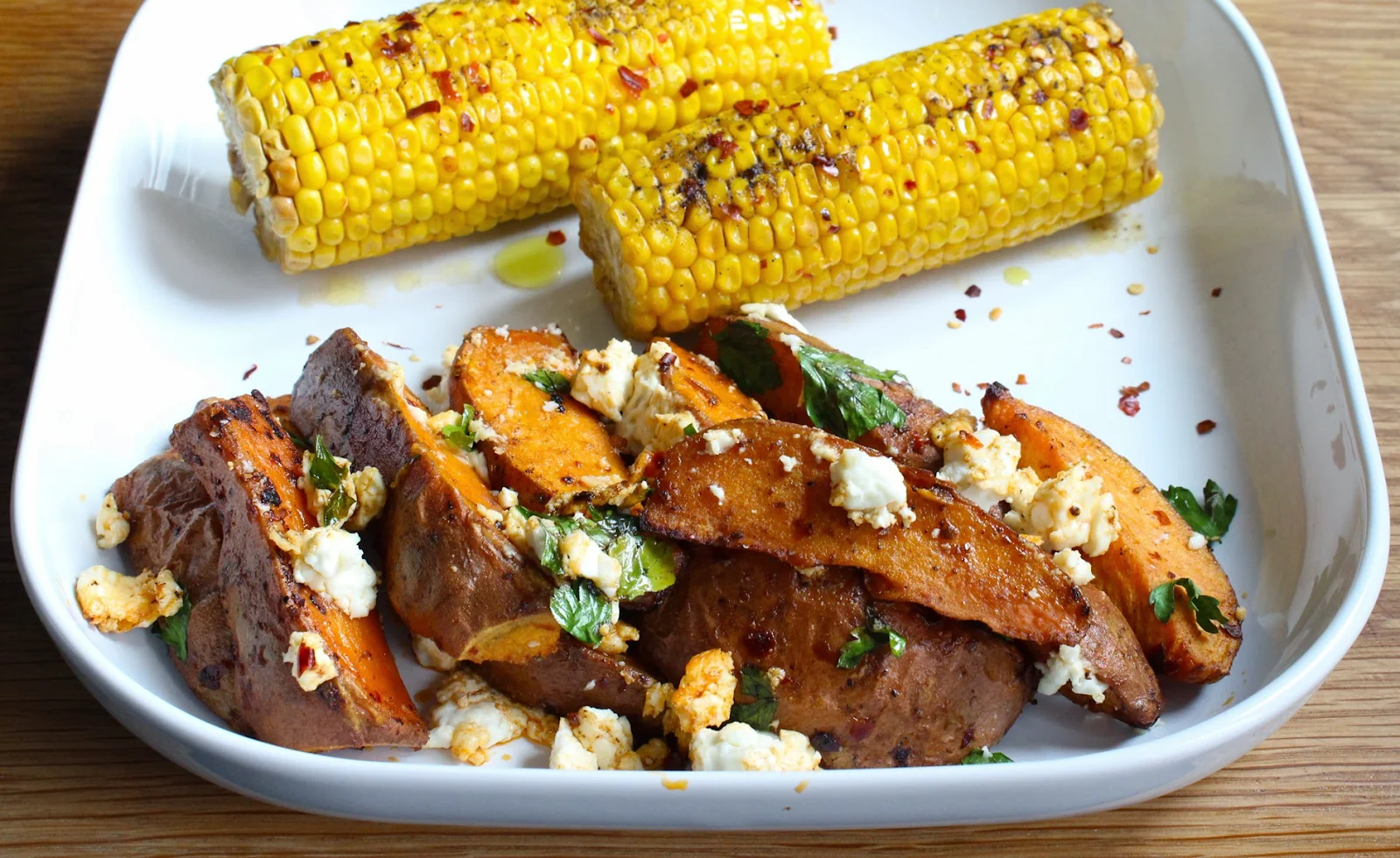 Sweet Potato Wedges with Harissa and Feta