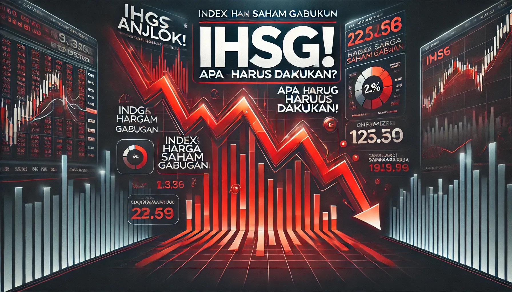 Grafik saham IHSG berwarna merah menurun tajam dengan latar belakang keuangan digital yang gelap, menampilkan headline “IHSG Anjlok! Apa yang Harus Dilakukan?