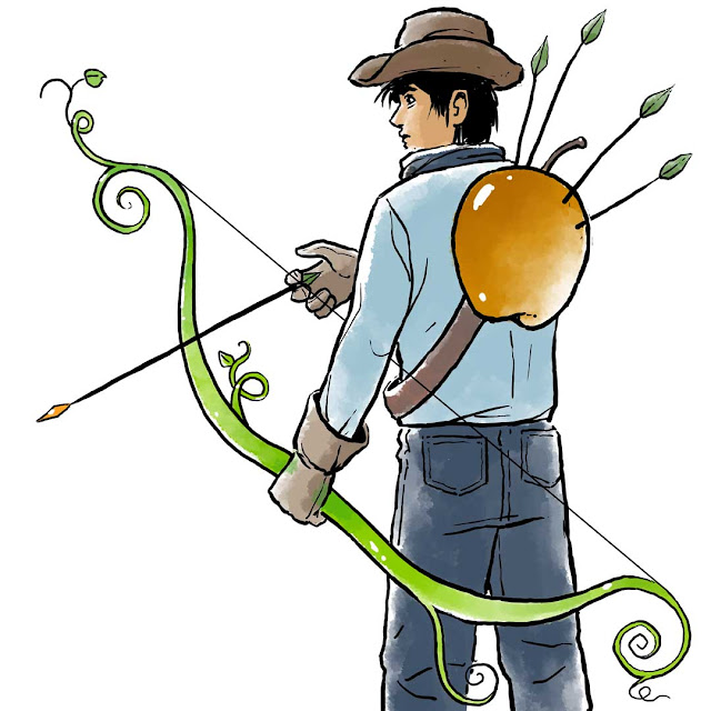 A black-haired cowboy stands with his back to us. He nocks a gold-tipped arrow in curling beanstalk in the shape of a bow. He wears a brown cowboy hat, blue long sleeve shirt, brown gloves, dark blue bandana around his neck, and dark blue jeans. He has a giant, shiny golden half-apple slung across his back and it protrudes four branch-like shafts with leaves at their ends.