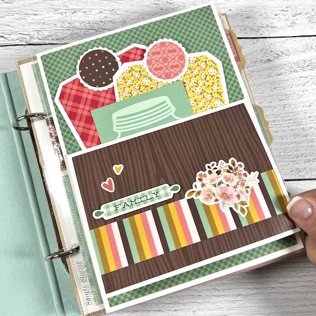 Family Recipes Scrapbook Album Page with a pocket, journaling cards, and a folding card