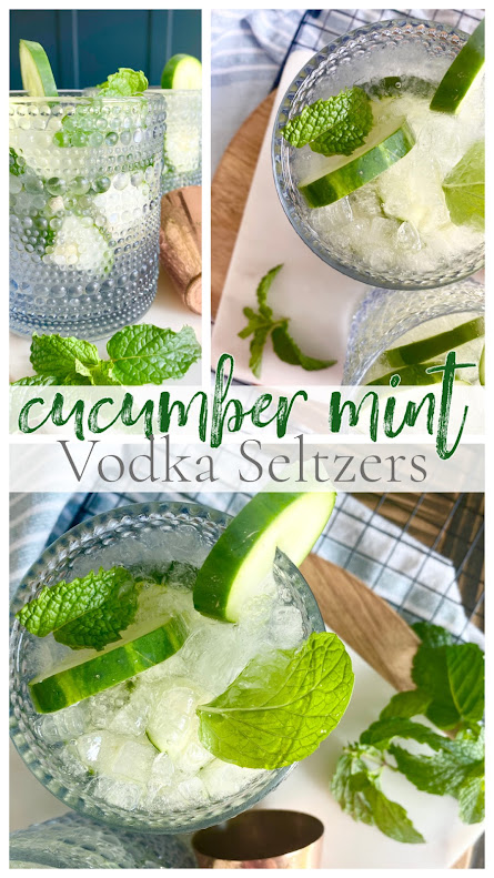 Collage of glass tumblers with cucumber mint vodka seltzers