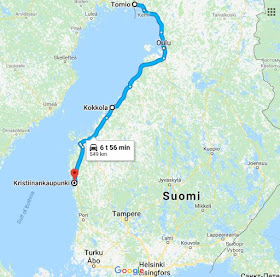 Kartta Suomesta, johon on merkitty reitti Torniosta Kristiinankaupunkiin. Matka on 549km, autolla 6 tuntia ja 56 minuuttia. 