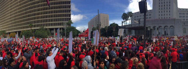 A panoramic view of the crowd in Grand Park: downtown LA. 