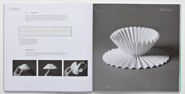 two-page book spread showing hands holding pleated paper object and finished object
