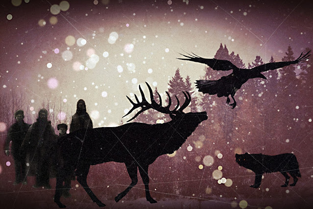 digital art, villagers, red deer, wolf, raven, animal silhouettes in snow, cohanmagazine.blogspot.com