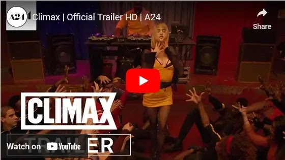 YouTube cover of the Gaspar Noé's Climax with Sofia Boutella with yellow dress and dancers on the floor rising thier hands to her