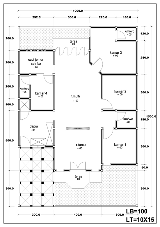 Denah rumah minimalis tipe 100 dengan 4 kamar tidur 1 lantai ~ 1000