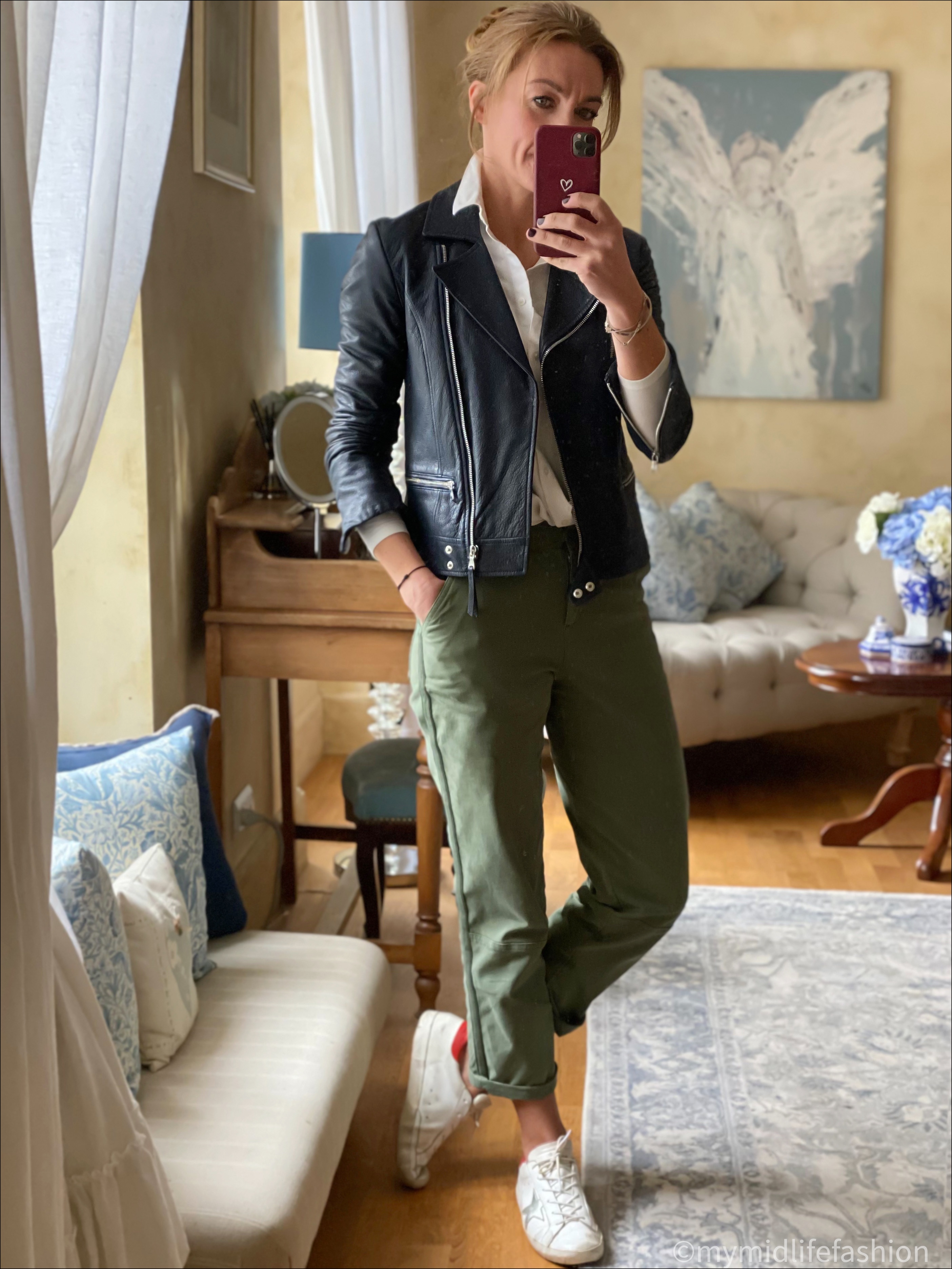 my midlife fashion, baukjen easter organic cargo trousers, baukjen organic cotton shirt, Massimo Dutti leather biker jacket, golden goose superstar low top leather trainers