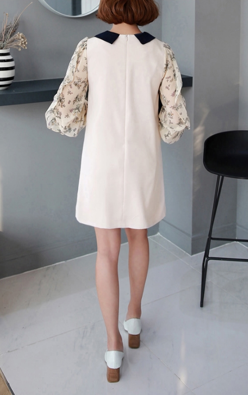 Contrast Collar Floral Sleeve Shift Dress