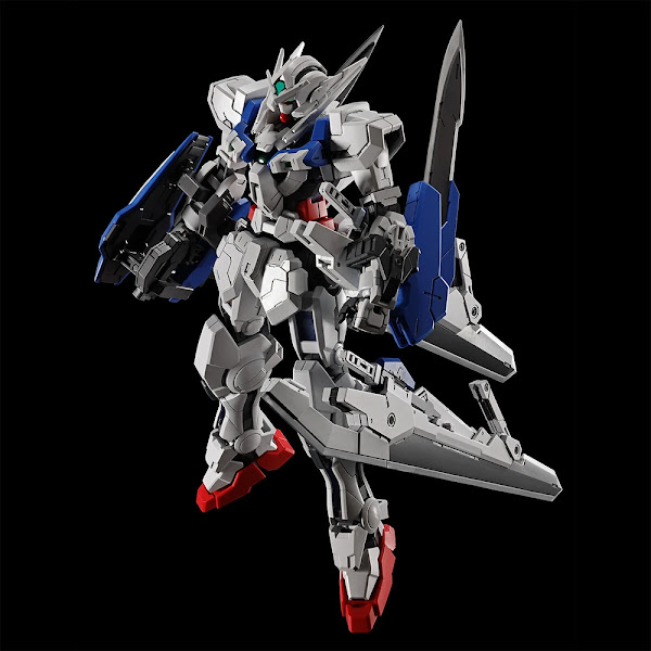Gundam figure in an aerial pose, equipped with a shield and several swords on its arms/legs.