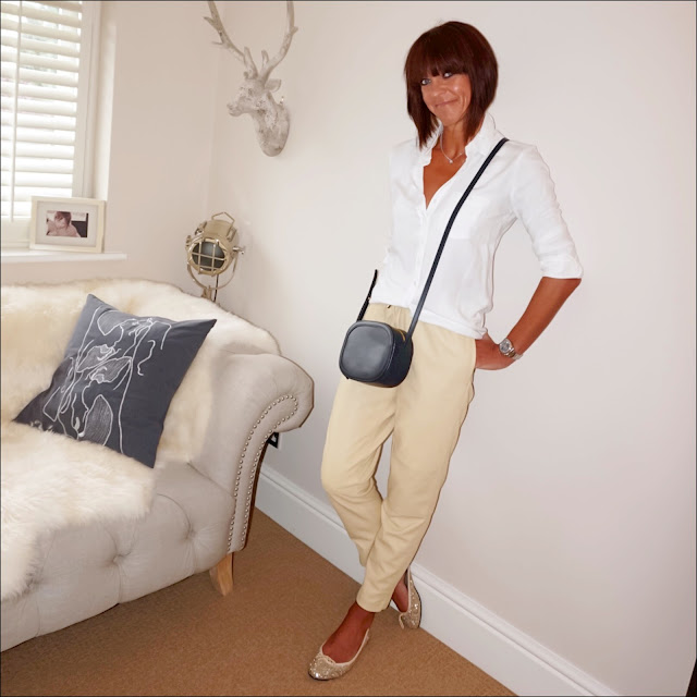 my midlife fashion, baukjen coco shirt, iris and ink leather shoulder bag, marks and spencer leather trousers, french sole sparkly ballet pumps