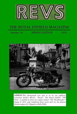 Motorcycle posed in front of statue in 1954 magazine cover.