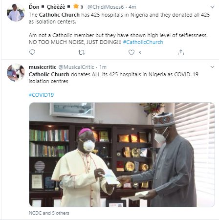 Showers of praises as Catholic church donates all its 425 hospitals to FG as isolation centers