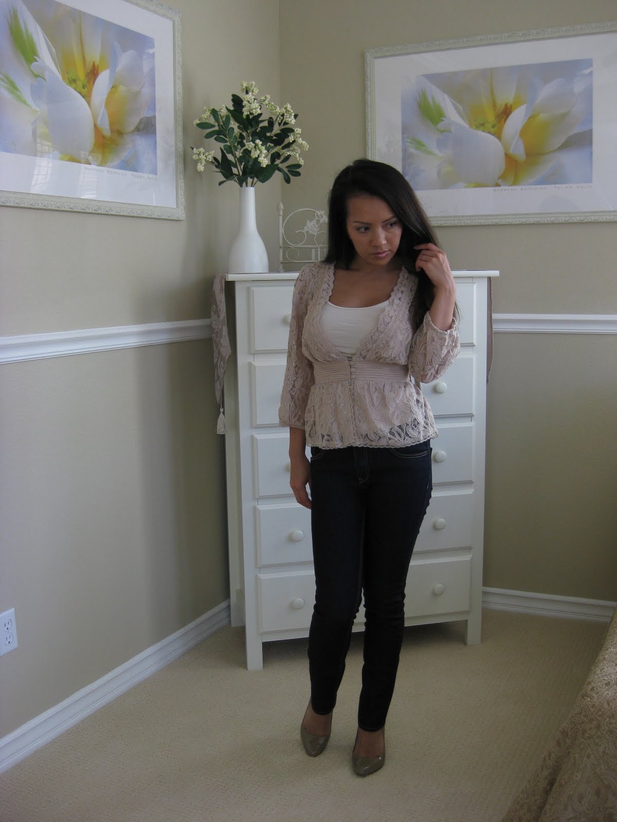 Forever 21 Cream Sheer Lace Top - size small.