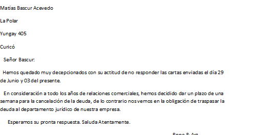 Gestión Administrativa: Carta de comunicación de pago