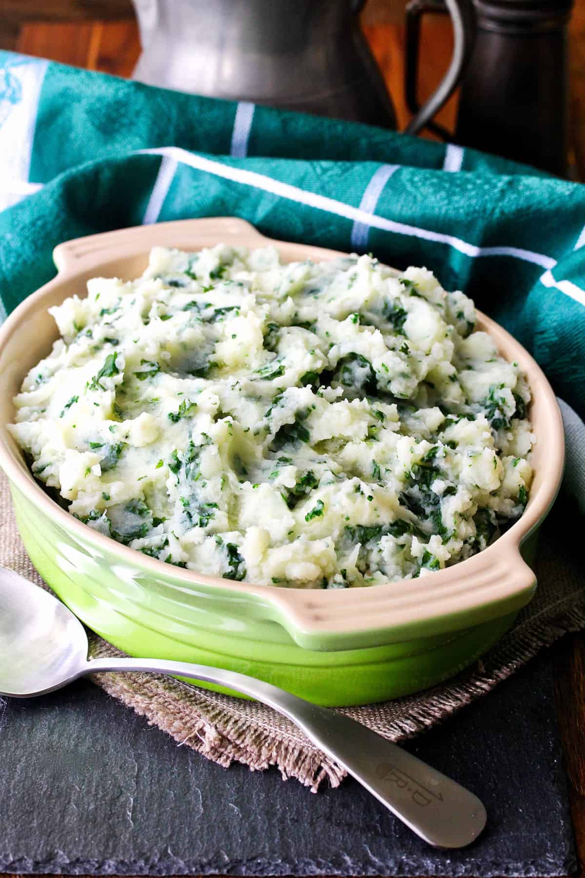Colcannon potatoes in a serving dish.