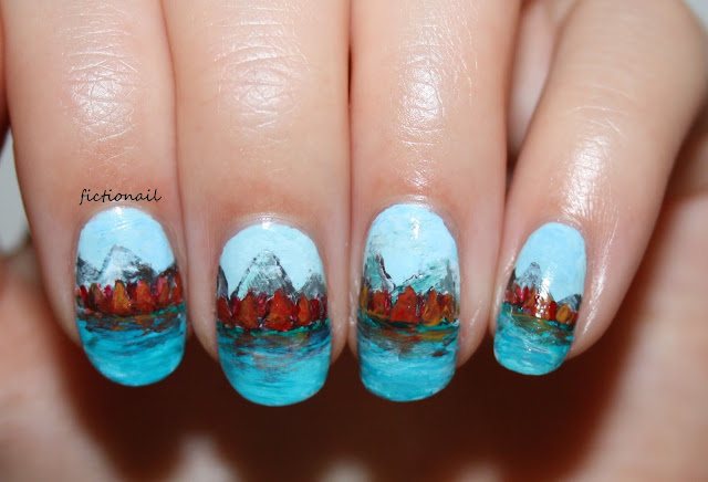 Autumn Mountain Tree Landscape Nail Art