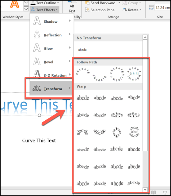 لتنحيف النص في PowerPoint ، اختر أحد الخيارات من علامة التبويب "تحويل" في القائمة المنسدلة "تأثيرات النص"