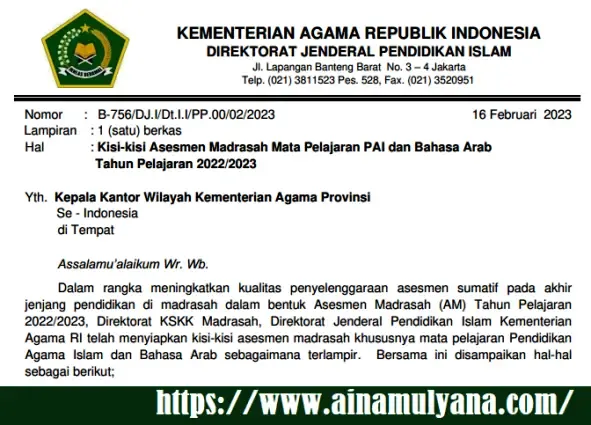 Kisi-Kisi Soal Asesmen Madrasah (AM) PAI dan Bahasa Arab Tahun 2023 Tahun Pelajaran 2022/2023