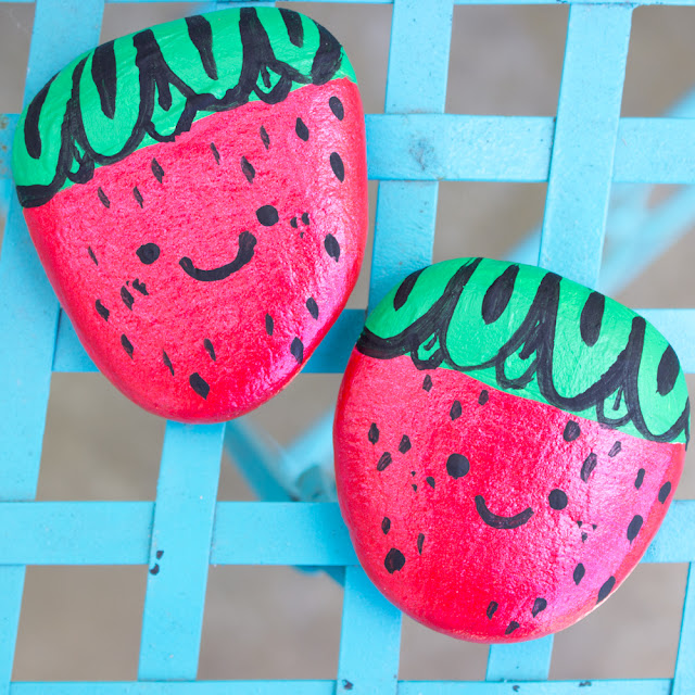 How to paint adorable and cute rock strawberries with acrylic white, black, red, and green paint