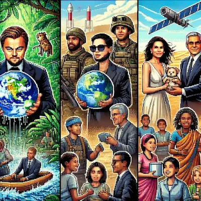 Pixel art showing five celebrities symbolically representing their philanthropy: rainforest protection, refugee aid, satellite surveillance for justice, a school opening, and clean water distribution.