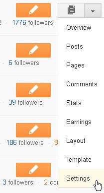 Tableau de bord Blogger déroulant Paramètres Sélectionnez Menu