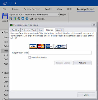 MessageExport add-on software activation screen.