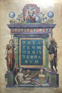 The title-page for Theatrvm, showing four women representing the continents of Europe, Asia, Africa, and America, and the bust of a fifth woan represnting Terra Australis.