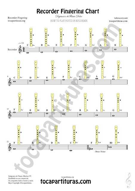 English Easy Notes Fingering Chart for Recorder Sheet Music for teachers of music, school of music, conservatory and beginners