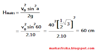 Kali ini markas fisika akan membagikan pembahasan soal tentang gerak untuk SMA, ada pun pembahasan soal nya seperti berikut, semoga bermanfaat..H maksimum = v0 ^2 sin ^ 2 a / 2 di kali g = vo ^2 sin^2 60 / 2 di kali 10 = 40 ^ 2 1 /2 akar 3 ^2 / 2 di kali 10 = 60 cm