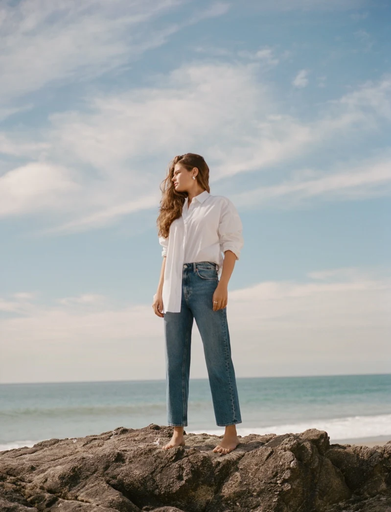 Rachel Connor poses at the beach for the Mavi spring-summer 2024 campaign