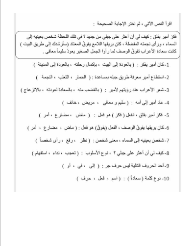 ورقة عمل مراجعة في اللغة العربية للصف الرابع 