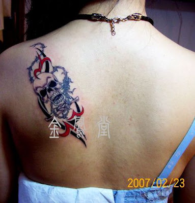 tattoo is a fancy skull on a girl's back