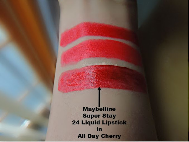 Swatch of Maybelline Superstay 24 Lipstick in All Day Cherry 015 ( two previous shades above it)