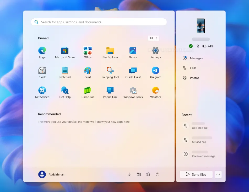 phone link start menu companion