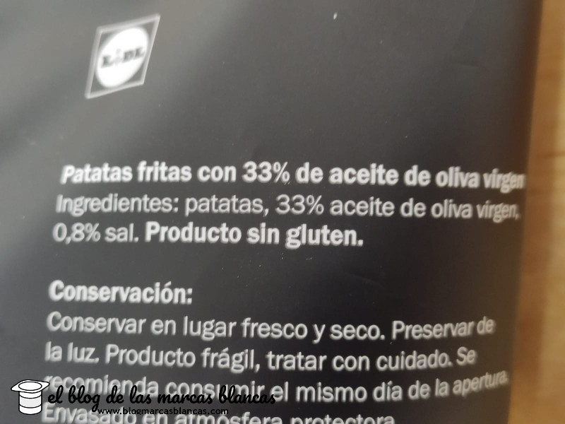 Ingredientes de las patatas fritas crujientes con aceite de oliva virgen Snack Day de Lidl en El Blog de las Marcas Blancas.