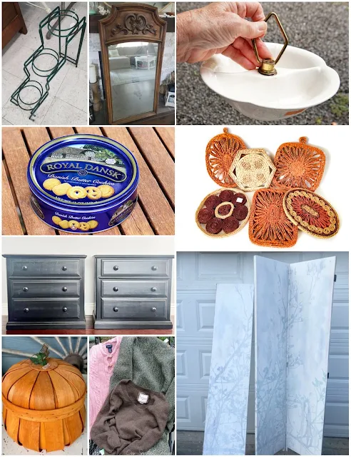 Photo collage of thrift store decor team's September projects.