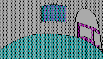 Image from the 1980 Apple II game, The Wizard and the Princess.  It shows an empty tower room, with a window in it.