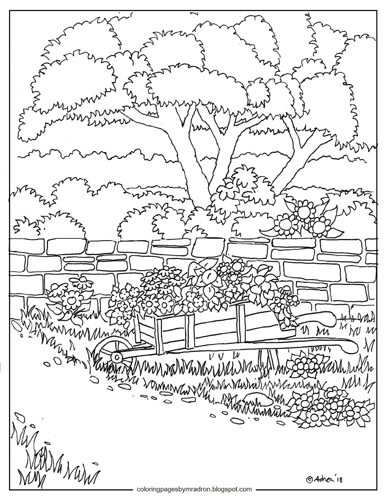 Download Coloring Pages for Kids by Mr. Adron: Wheelbarrow of flowers in garden printable coloring page.