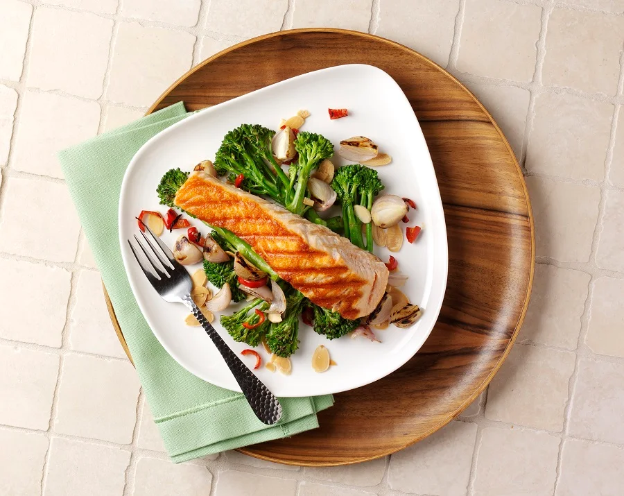 Griddled Salmon On A Bed Of Broccoli, Shallot And Chilli Stir Fry