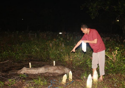 Warga menunjukkan penemuan mayat yang muncul di atas tanah pemakaman Muslim di Gg Sosial, Jl Adisucipto, Pontianak Tenggara.